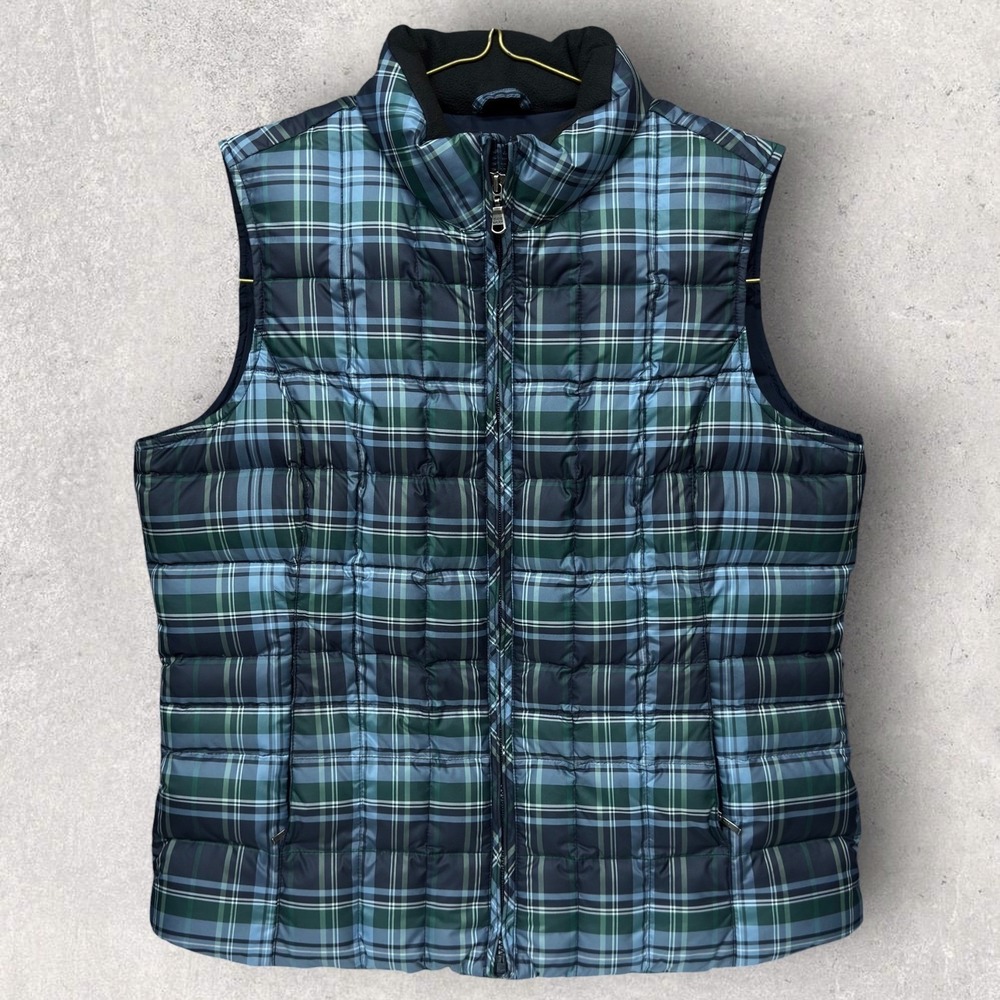 Eddie Bauer‎ Premium Goose Down Puffer Vest Blue Green Plaid Womens Large L